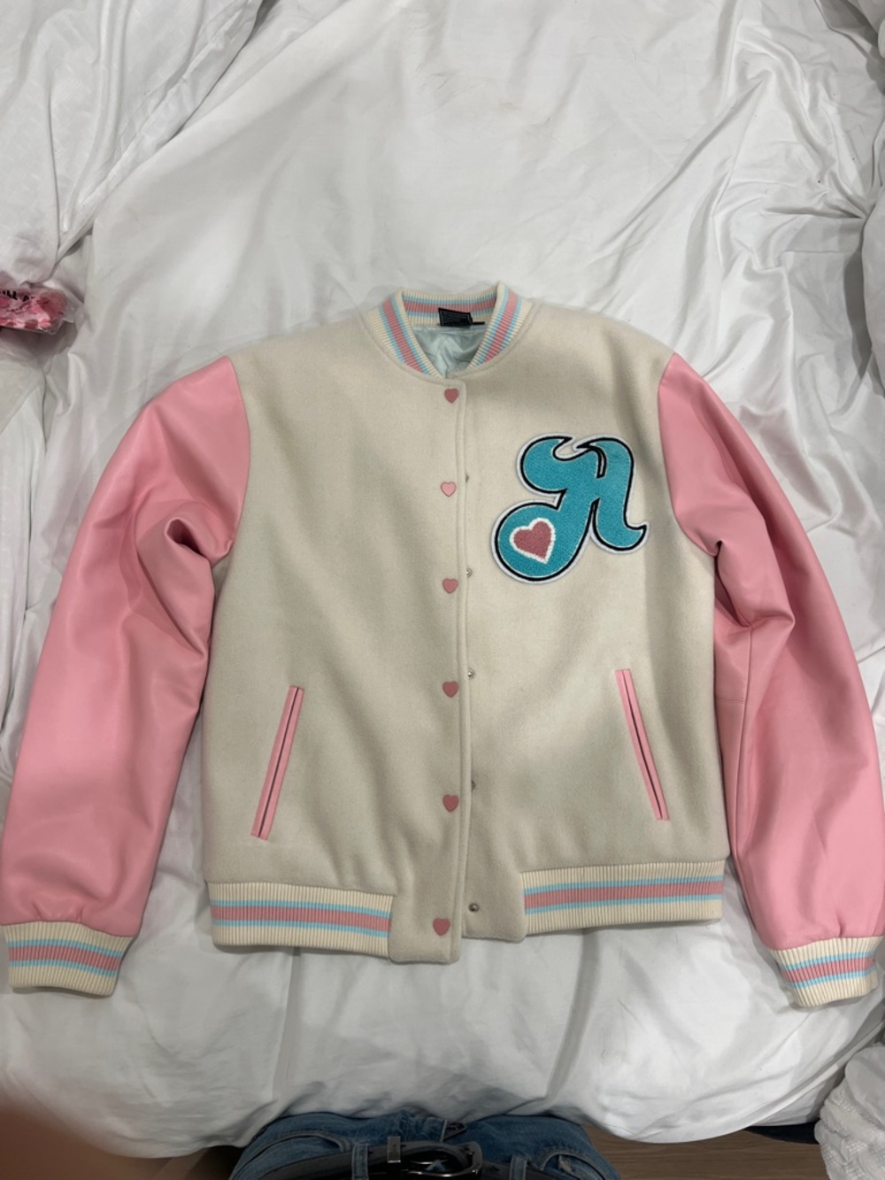 Hollywood Hunna Cream and Pink Varsity Bomber Jacket with Teal Patch